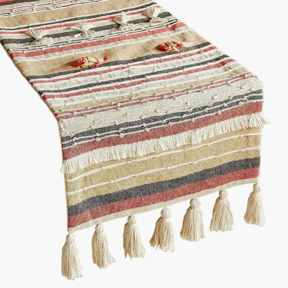 Pier 1 Imports Textured Woven Striped Tassels Table Runner